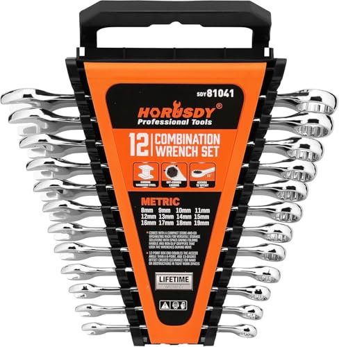 HORUSDY 12-teiliges metrisches Schraubenschlüssel-Set, Ringmaulschlüssel-Set mit Organizer, 12-kant, 8 mm – 19 mm, Chrom-Vanadium-Stahl