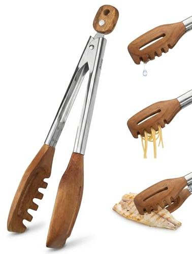 3-in-1 Kitchen Tongs & Pasta Server – 12 Inch Walnut Multifunction Tongs with Slotted Forked & Flat Tips for Pasta, Salad, Cooking and More – Elegant, Heat-Resistant Food Tongs for Home Cooks & Chefs
