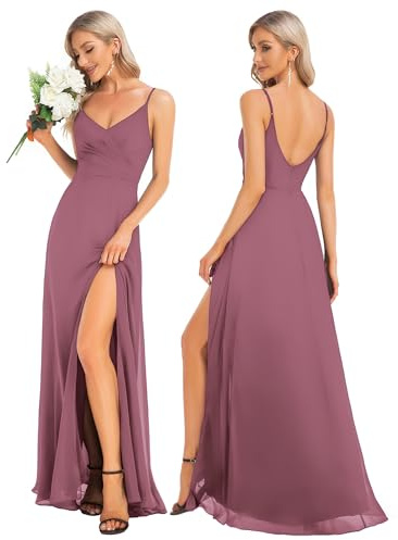Ever-Pretty Women's A Line Spaghetti Straps V Neck Long Chiffon Asymmetry Prom Dress with Slit ES0128B