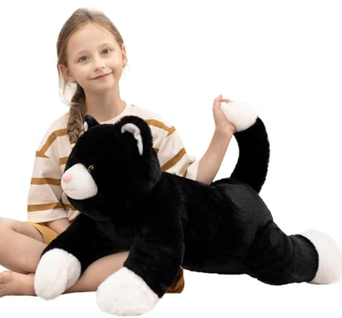 MorisMos Katze Plüschtier 80 cm Lang, Schwarzes Katzen Kuscheltier XXL, Weiches Plüschtier Katze Kissen, Liegende Katze Stofftier für Kinder, Mädchen, Jungen, Geburtstag Weihnachten Geschenk