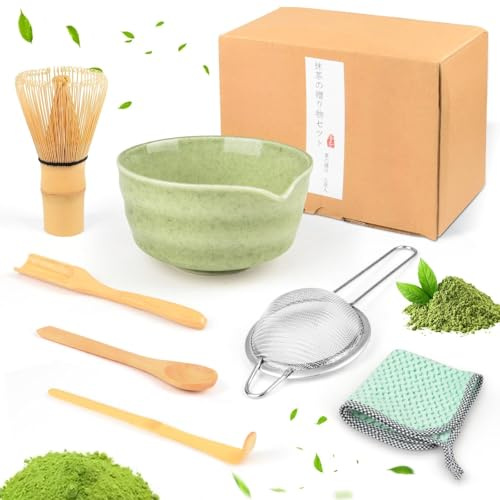 Juego de té Matcha de 7 Piezas, Matcha Kit Juego de te Japonés, Juego de Batidor te Matcha Ceremonial para Preparar Matcha Latte Desayuno Bambú Cerámica Te Matcha Kit Regalo para Familia Colega Amigo
