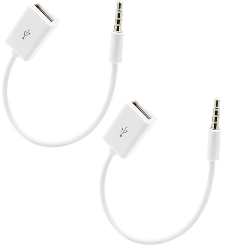 OPAX51 2X Cable Adaptador USB Hembra a Jack 3.5mm AUX, Convertidor de Audio para Coche, 20 cm, Blanco Pack 2 Unidades 51CH088