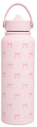 Insulated Water Bottles, Pink Bow Water Bottle, Pink Bow Bottle with Straw, 800ml Stainless Steel Insulated Waters Bottles with Straw Gift for Girls Daily Drink Christmas School Gym Travel