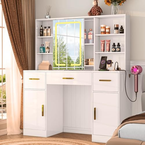 knoworld Dressing Table with Sliding Mirror, LED Lights & Charging Station, Makeup Vanity Desk with 3 Drawers, Hair Dryer Holder, Modern Vanity Table with Hidden Storage for Bedroom, Glossy White