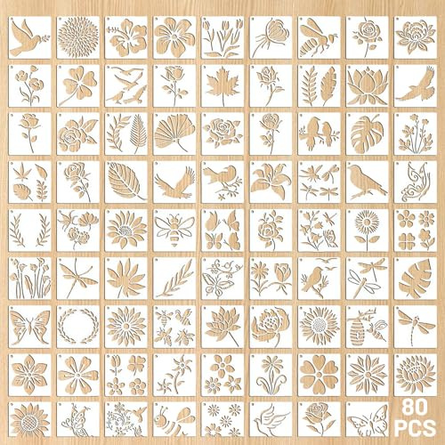 QEAS 80 Pochoirs pour Peinture Réutilisables 7,6x7,6 cm Fleurs, Animaux et Motifs, Pochoirs de Dessin en Plastique, Pochoir Dessin Enfant Kit Créatif Lavable pour Artisanant DIY Cartes Scrapbooking