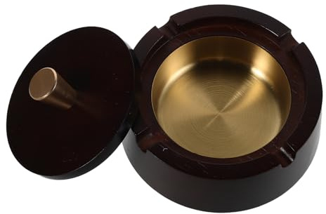 Amosfun Cenicero Redondo con Tapa a Prueba de Viento para Interiores y Oficina, Cenicero de Madera con Revestimiento de Acero Inoxidable, Diseño sin Humo para Sala de Estar y Hogar,