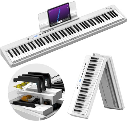 OYAYO Folding Piano 88 Tasten Gewichteten Tasten Digitalpiano, Bluetooth & MIDI Audio, 128 Klänge & Rhythmen, 2600mAh Akku Stereolautsprecher, Elektronisches Klavier für Einsteiger & Musiker (Weiß)