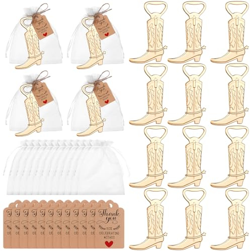 Aoesuny 12 Sets Cowboy Boot Bottle Openers Western Wedding Party Favors Cowboy Includes Cowboy Beer Bottle Openers White Organza Bags Thank You Tags and Jute Rope for Guest Wedding Party Baby Shower