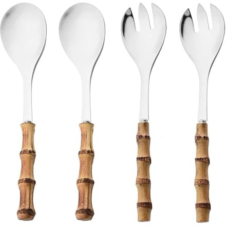 Cutlery Set - Long Handle Serving Spoon Fork Spork with Bamboo Handles and Stainless Steel Tableware