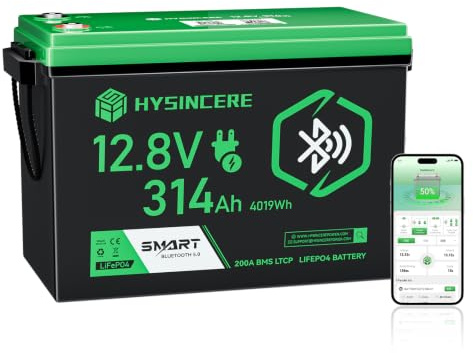 HYSINCERE Batería de Litio LiFePO4 de 12 V y 314 Ah, batería de Alta Capacidad de 4019 WH con BMS y Pantalla LED — Ideal para autocaravanas, embarcaciones, Camping y Sistemas solares aislados.