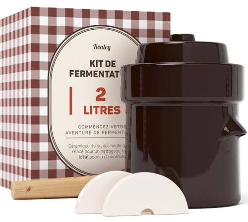 Kenley Barattolo per Fermentazione da 2 Litri - Vaso in Gres per Fermentare o Mettere in Salamoia Kimchi, Crauti, Sottaceti, Verdure, Kombucha - Fermentatore in Ceramica con Pesi, Coperchio e Pestello