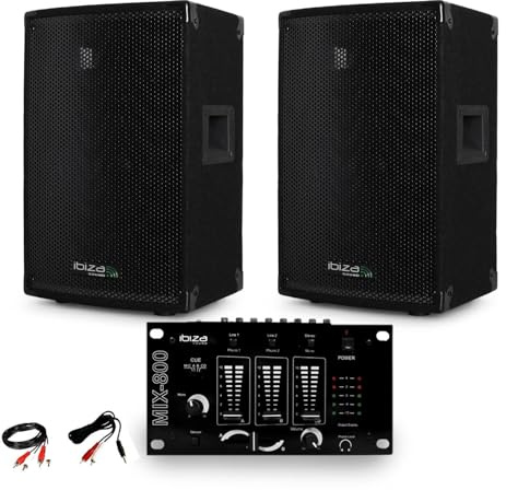 Paire d'enceinte Sono passive IBIZA DISCO10B TRAPEZOIDALE 10 800W BassReflex + Table de Mix + Câble PC