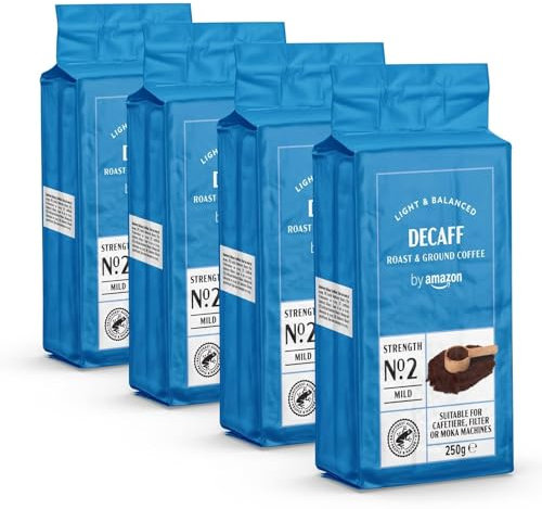 by Amazon Decaffeinated Ground Coffee, Light Roast, 1kg (4 Packs of 250 g)