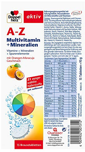 Doppelherz A-Z Brausetabletten mit Orange-Maracuja Geschmack – Multivitamin-Nahrungsergänzungsmittel mit vielen wichtigen Vitaminen, Mineralstoffen & Spurenelementen – 3 x 15 Brausetabletten