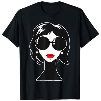 Frau in schwarz weiß mit Sonnenbrille und roten Lippenstift T-Shirt