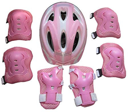 WangsCanis 7 STÜCKE Kinder Sport Helm Schutzausrüstung Set, Schutzhelm Knie Ellenbogenschützer Handgelenkschutz für Fahrrad Skateboard Roller Skating (Rosa-A, 4-12 Jahre)