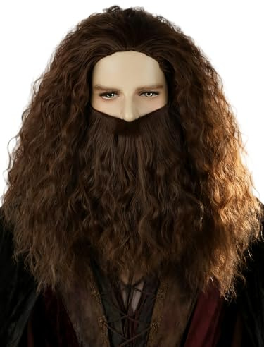 LeMarnia Herren Perücke Dunkelbraun Lange Lockige Haar Bartperücke für Cosplay Halloween Kostüm Perücke