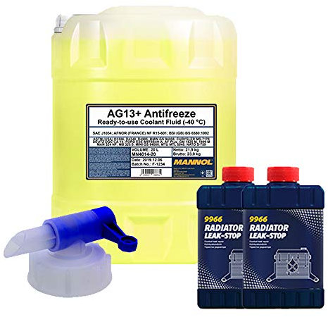 MANNOL 20 Liter, AG13+ -40 FROSTSCHUTZ FERTIGMISCHUNG GELB + 2X Kühler Dichtung + Hahn