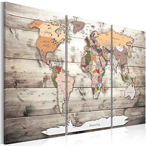 B&D XXL - Akustikbild Weltkarte Holz Bilder Akustikschaum Hochleistungsschallabsorber Schallschutz Leinwand 3 tlg Wandbild Raumakustik Schalldämmung k-C-0035-b-g