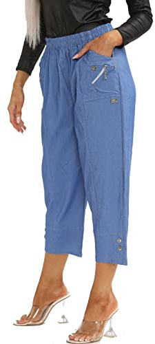 AFR Women Capri Trousers Cropped Pants Ladies 3/4 Three Quarter Length Stretch Pull On Elasticated Navy Blue UK Size 10