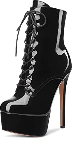 Aachcol Women Ankle Boots Short Bootie Platform Stiletto High Heel Round Toe Dress Shoes Lace-up Patent Black 6.5 Inch 6 US