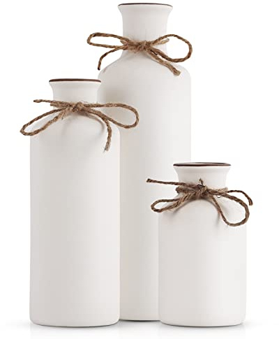 Keramikvasen-Set in Weiß, 3 kleine Vasen, minimalistische Boho-Deko, modern, Landhausstil, Mittelstücke fürs Wohnzimmer, Eingangsbereich, Bücherregal, Kaminsims und Regaldekoration