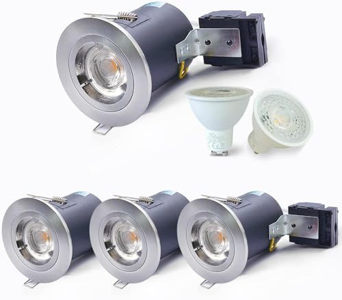 Sweier Fire Rated Downlights GU10 Recessed Ceiling Lights Nickel 5W 6000K Cool White IP20 LED Spot Lights AC 220V-240V for 68mm-75mm Cut Out, 4 Pack