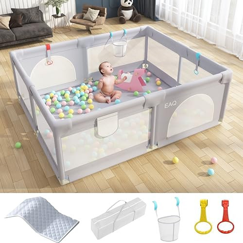 EAQ Baby Playpen with Mat 150x200cm, Indoor & Outdoor Kids Activity Center with Anti-Slip Base, Sturdy Safety Play Pen with Super Soft Breathable Mesh, Kid's Fence for Infants Toddlers