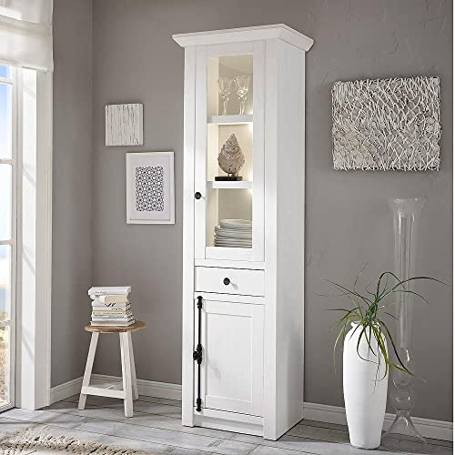 Lomadox Landhaus Stand-Vitrine im Dekor Pinie weiß Nb. inkl. LED B/H/T ca. 63x207x45cm