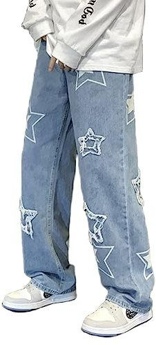 Y2k jeans män estetiska blå säckiga jeans gotiska vintage gata lös passform stjärna grafiska byxor raka byxor, Blå-a, S