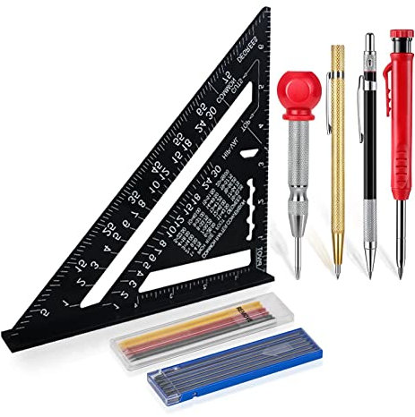 Equerre de charpentier Multifonctionnelle 180 mm Equerre de charpentier Rapporteur Equerre d'arrêt Avec marqueur de trous profonds/Mines de crayon/Outil de grainage/Crayon métallique