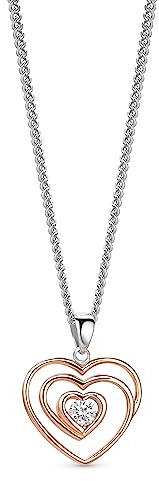 OROVI Schmuck Damen Herz–Kette mit Anhänger 3 ineinander passenden Herzen und in ihrer Mitte Solitär Zirkonia in Brillantschliff, Zeitlose Halskette aus 925 Sterling Silber Rotgold vergoldet, 46 cm