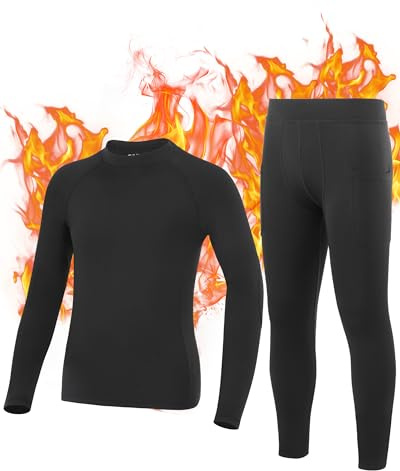 Roadbox Boys Thermal Underwear Set - Kids Fleece Lined Tops & Bottom Compression Soft Long Johns Base Layer for Skiing Black
