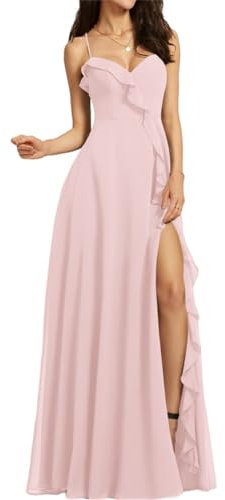 Robes de demoiselle d'honneur avec volants et col en V et bretelles spaghetti, robes d'invitées de mariage longueur ras du sol pour femmes, Rose poudré, 34