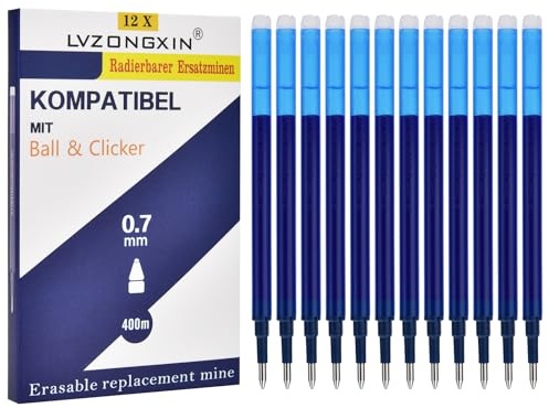 LVZONGXIN 12 x Radierbare Ersatzminen 0,7mm, Kompatibel mit FRIXION & & Eberhard Faber animal erase it, 0,7mm Strichstärke I Nachfüllminen für Gel-Tintenroller mit radierbarer Tinte