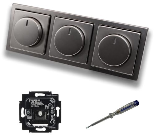 Busch Jäger 6523U-102 (3 Stück) LED Drehdimmer Dimmer + Dimmerscheiben 6540-866-102 in PUR Edelstahl im 3-fach Rahmen inkl. EBROM Phasenprüfer zur Montage der Geräte 6523 U - 102