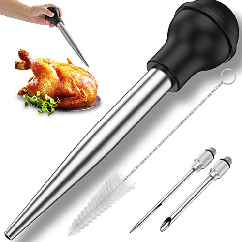 Alongen Turkey Baster Set of 4,Turkey Meat Injector and Cleaning Brush for BBQ and Roast, with 2 Needles Silicone Bulb and Cleaning Brush Meat Baster Gift for Thanksgiving Christmas