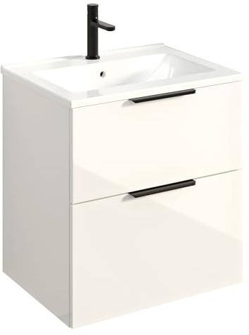 Bernstein Badmöbel-Set Tim 60cm Weiß glänzend mit schwarzen Griff mit Keramik-Waschbecken - Badezimmermöbel, feuchtigkeitsresistentes Material, Vormontierter Unterschrank