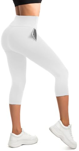 SINOPHANT Leggings Femme 3/4 Opaque Leggins Élastiques avec Poches Blanc LXL