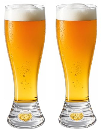 XIJIXI 100% Hand Blown Craft Beer Glasses - 17.5 oz Pilsner Style with Gold Foil Base - 2 Pack