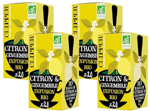 CLIPPER - Infusion Bio - Citron & Gingembre - 20 Sachets d'Infusion Bio - 4 paquet