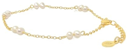 Mary & Jules Perlenarmband Damen Gold aus 925 Sterling Silber mit echten Süßwasserperlen - aus recyceltem Silber, vergoldet, Perlenarmband Gold Damen für Frauen & Mädchen