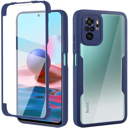 ILING Transparente Funda para Xiaomi Redmi Note 10 4G/Redmi Note 10S/POCO M5s, Moda Ultradelgado Antigolpes Carcasa con Protector de Pantalla Incorporado, Dura PC + Silicona TPU Bumper Cubierta (Azul)