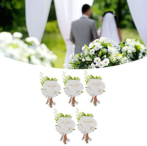 MOUMOUTEN 5 Stück Hochzeits-Boutonniere – Hochzeits-Ansteckblume Rose – Künstliche Blumen-Boutonniere Für Braut Und Bräutigam, Hochwertige, Festgesteckte Kunststoff-Rosen(Weiß)