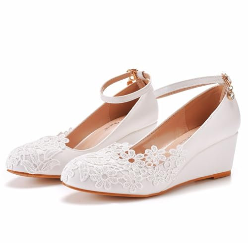 Damen Mittlerem Keilabsatz Absatz Heel Anhänger Schuhe Pumps Geschlossene Runde Zehe 5.5CM Hochzeitsfest-Kleid-Schuhe (Weiß,39)
