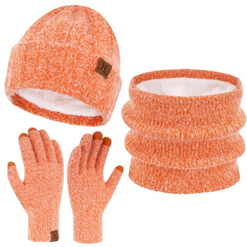 Juego de gorro de invierno para mujer, bufanda, guantes para pantalla táctil, de terciopelo de visón, gorro de punto con forro polar, regalos para mujer, naranja, talla única