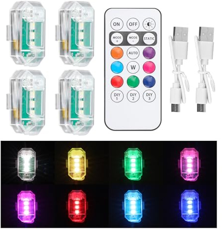 BTFO Lot de 4 Lumières Stroboscopiques à LED, 8 Couleurs de Feux d'Avertissement d'Urgence avec Télécommande Kit de Lumières LED Sans Fil Rechargeables pour Voiture, Moto, Vélo, Drone