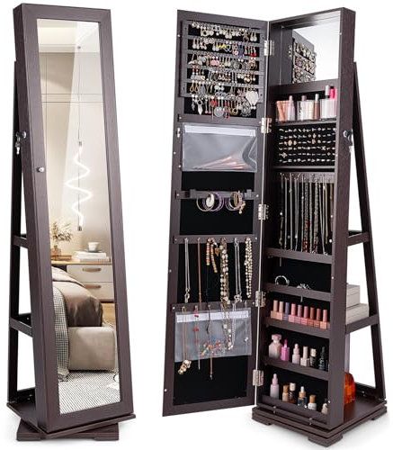 COSTWAY Schmuckschrank, Spiegelschrank mit Ganzkörperspiegel und eingebautem Make-up-Spiegel, 360° drehbar, abschließbar, stehend, Schmuckaufbewahrung, Schmuck-Organizer mit Schlüsseln (Kaffee)
