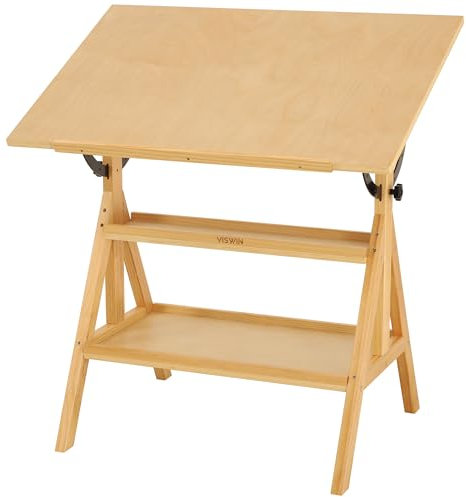 VISWIN Wood Drafting Table for Adults, Drawing Table with Adjustable Angle & 2-Tier Storage Racks for Art Studio, Solid Pine Wood Artist Desk for Drawing, Drafting, Writing, Reading, Sketching
