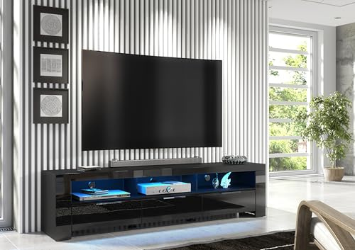 Furneo Phantom 10 – 200 cm Black TV Stand Cabinet in Matt and High Gloss Finish with Blue LED Lighting